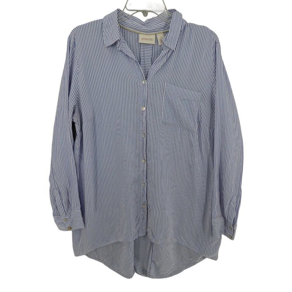 Chico's Blue Striped High-Low Long Sleeve Tunic Shirt